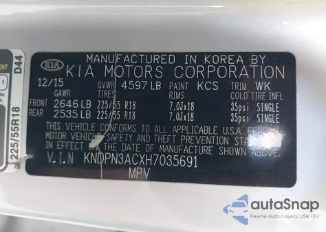 2017 Kia Sportage Ex z USA, uszkodzony, nr VIN KNDPN3ACXH7035691